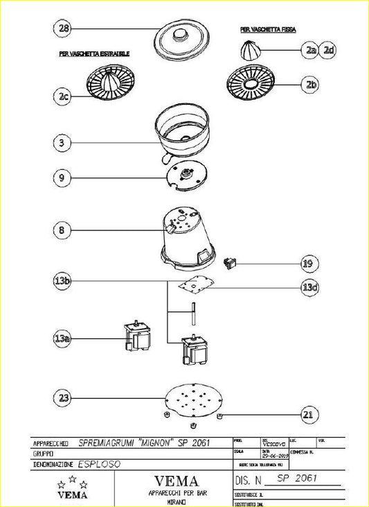 SETACCIO SP 2061 (x VASCHETTA FISSA) PER SPREMIAGRUMI “MIGNON” VEMA alluminio