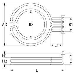 resistenza 7500w 230v nr. spirali 3 int. diametro  224mm diametro  est. 284mm l 302mm h 135mm l1 5mm b1 104mm