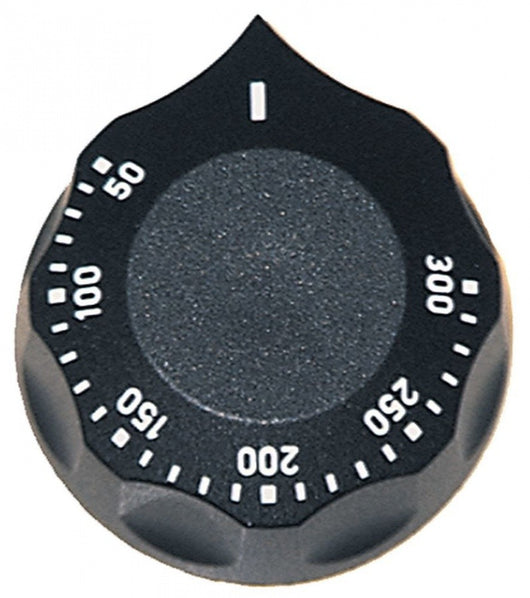 manopola termostato t. mass. 300°c diametro  60mm alb. diametro  6x4,6mm parte piana superiore nero Adatto : Angelo-Po
