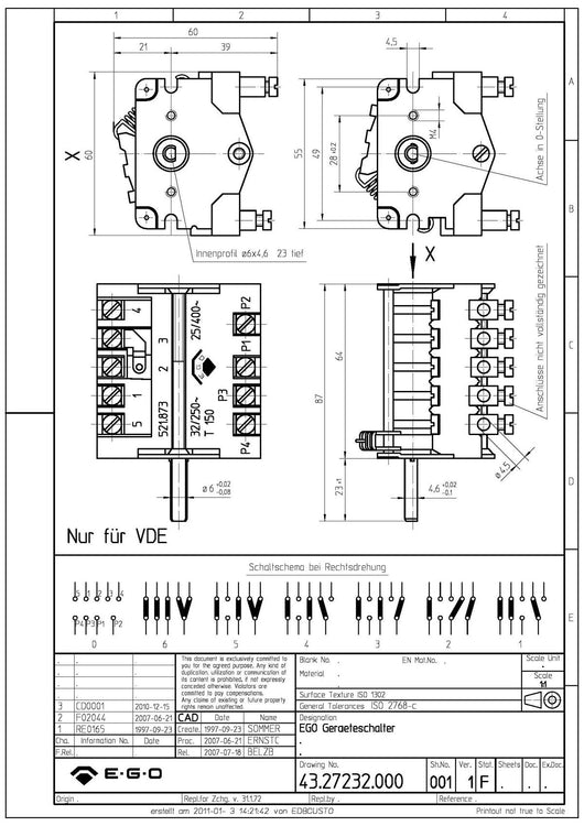 COMMUTATORE 0-6 POSIZIONI portata contatti 32A 250V - max 150°C perno
