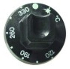 manopola termostato gas t. mass. 330°c diametro  55mm alb. diametro  8x6,5mm parte piana superiore nero