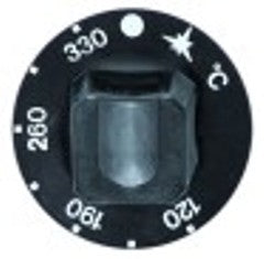 manopola termostato gas t. mass. 330°c diametro  55mm alb. diametro  8x6,5mm parte piana superiore nero